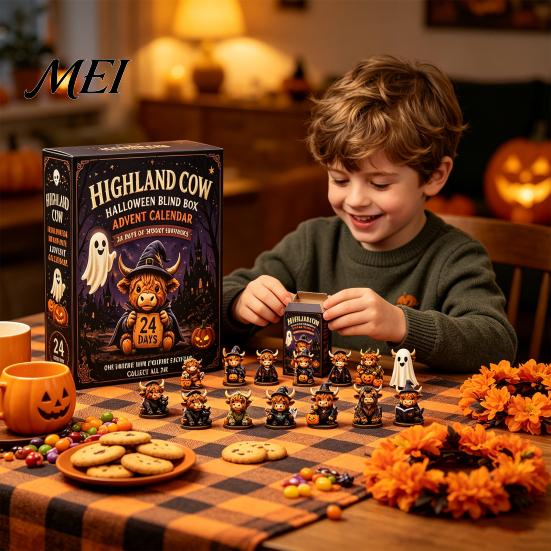Highland Cow Advent Calendar Halloween Calendar, 24 Days Countdown Box Desk Decorations with 24Pcs Figurines, Spooky