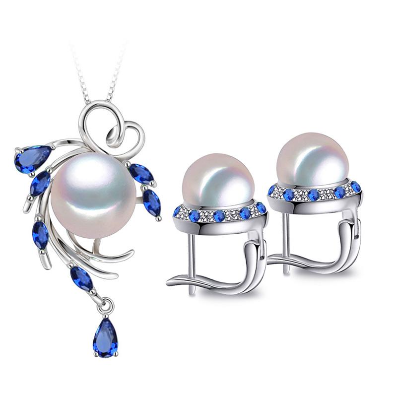 Fenasy Leaf Blue Natural Crystal Freshwater Pearl Necklace Clip Earrings For Women Pearl Jewelry Set