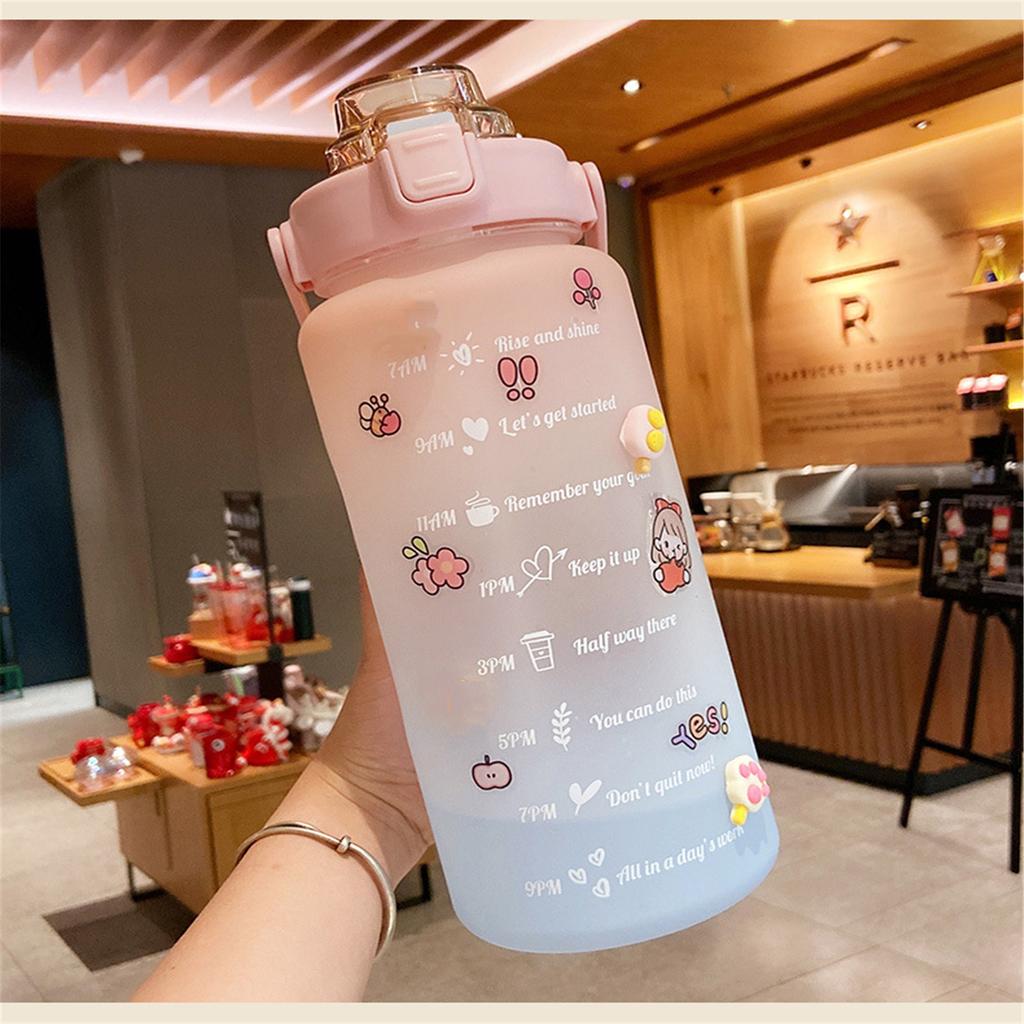 2L Sports Straw Water Bottle With Stickers Portable Large Capacity Fitness Bike Cup Summer Ice Cold Water Jug With Time Marker