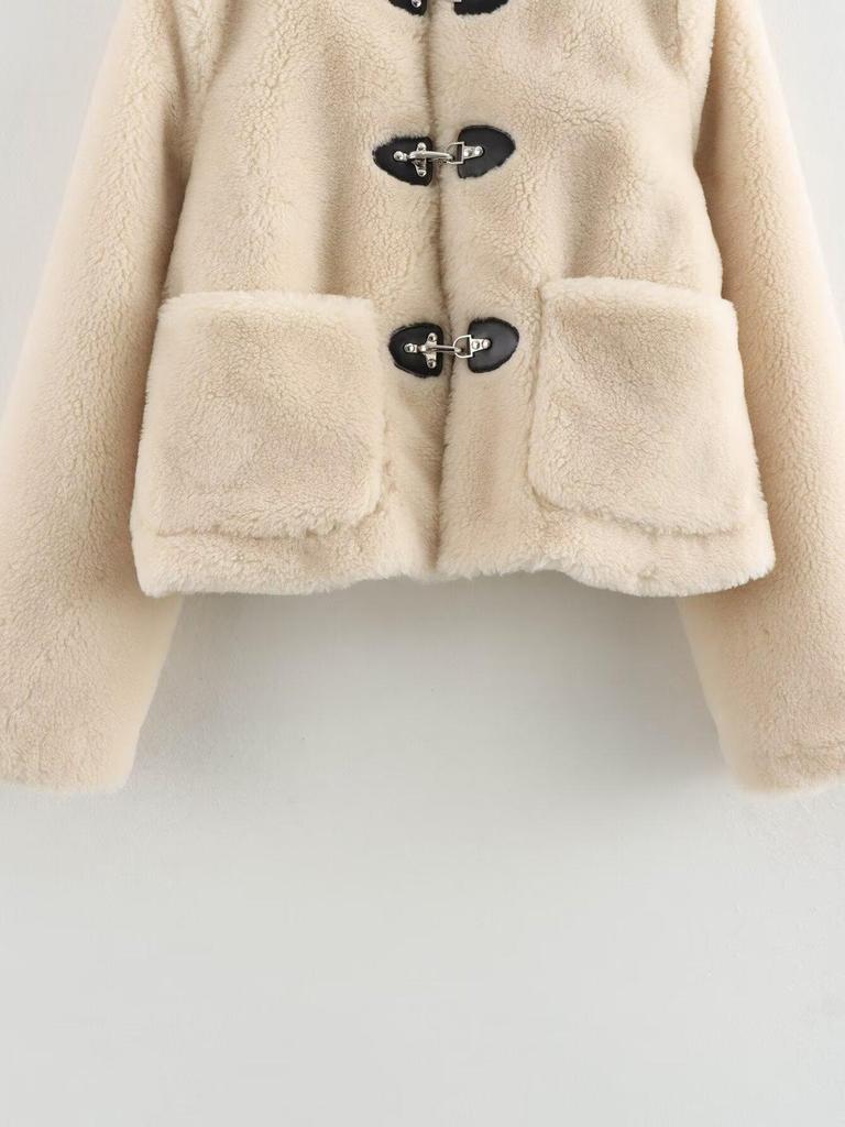 European & American Fashion Women's Fleece Jacket 2025 - Winter/Spring, Casual, Wide Pocket, Buckle Decor, X924003