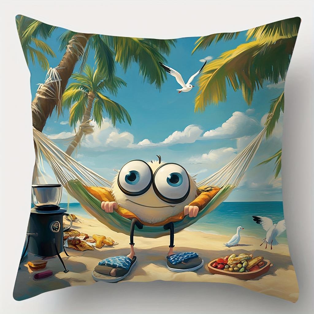 4Pcs Cartoon Beach Character Throw Pillow Covers, Cute Fuzzy Sun & Bird Hammock Print Cushion Cases, Tropical Summer Decor