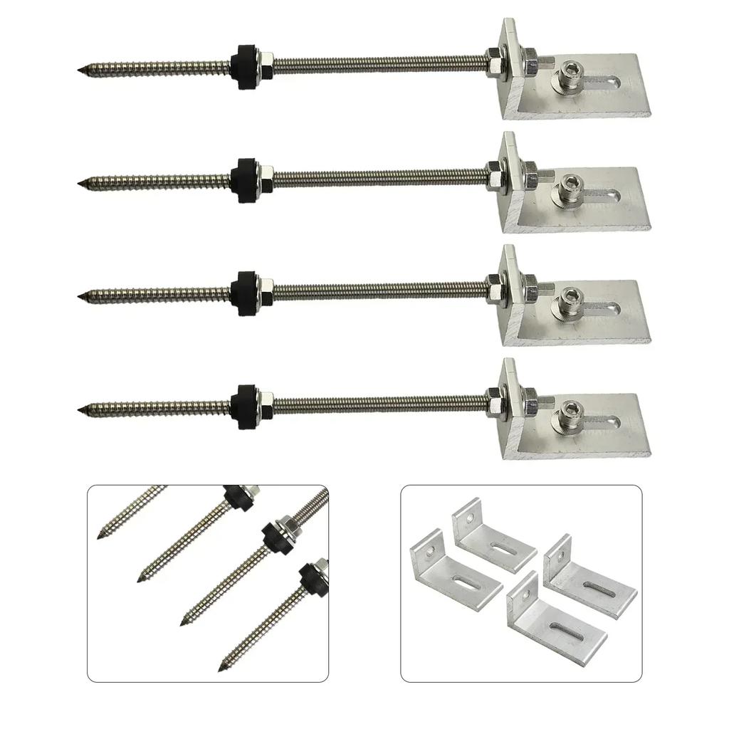 Brackets Pole Screws L Angle PV Roof Fixture Sheet Metal Sliver +stainless Steel 200/250mm 4 Sets Aluminium Alloy Solar