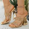 Gold Sequined High Heel Sandals Women Summer Fashion Square Toe Strange Heeled Slippers Woman Shiny Rhinestone Party Dress Shoes