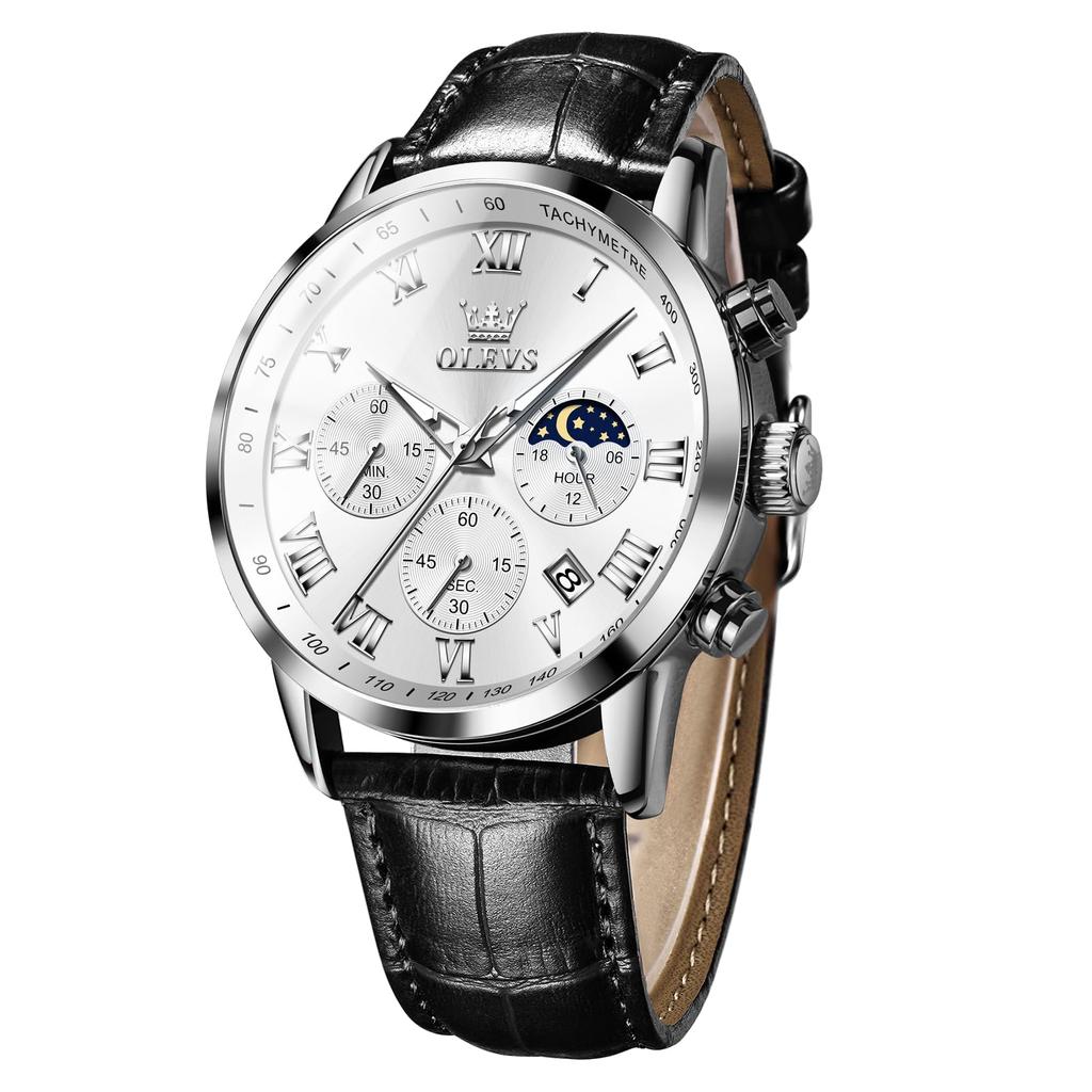 Часы Olevs Watch Chronograph Водонепроницаемые Светящиеся Часы Черный Кожаный Ремень Бизнес Кварцевые Наручные Часы Аналоговые Римские Цифры Легко читаемые Часы для Мужчин Дата