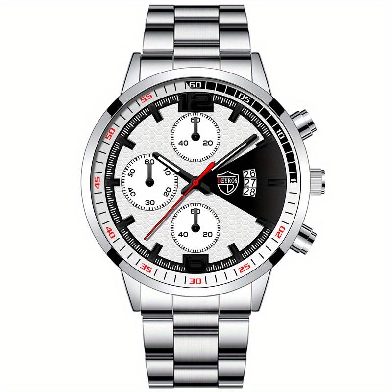 3PCS Set Fashion Mens Sports Watches Men Business Steel Quartz Wrist Watch Date Male Casual Necklace Bracelet Wristwatch Men Gift