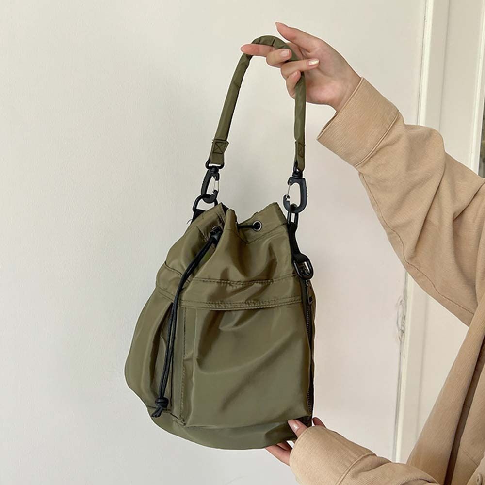 Korean Style Drawstring Fitness Bag Solid Color Bucket Bag Swimming Nylon Crossbody Bag Women