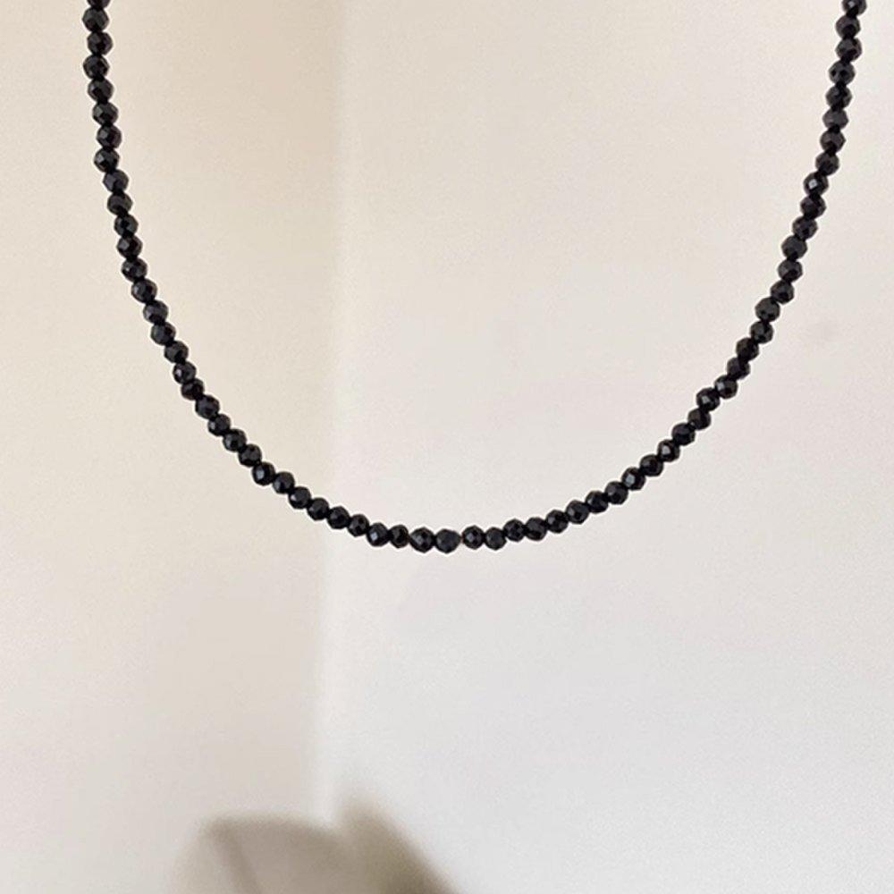 Edie Silver 925 Crystal Black Beaded Gemstone Choker Necklace