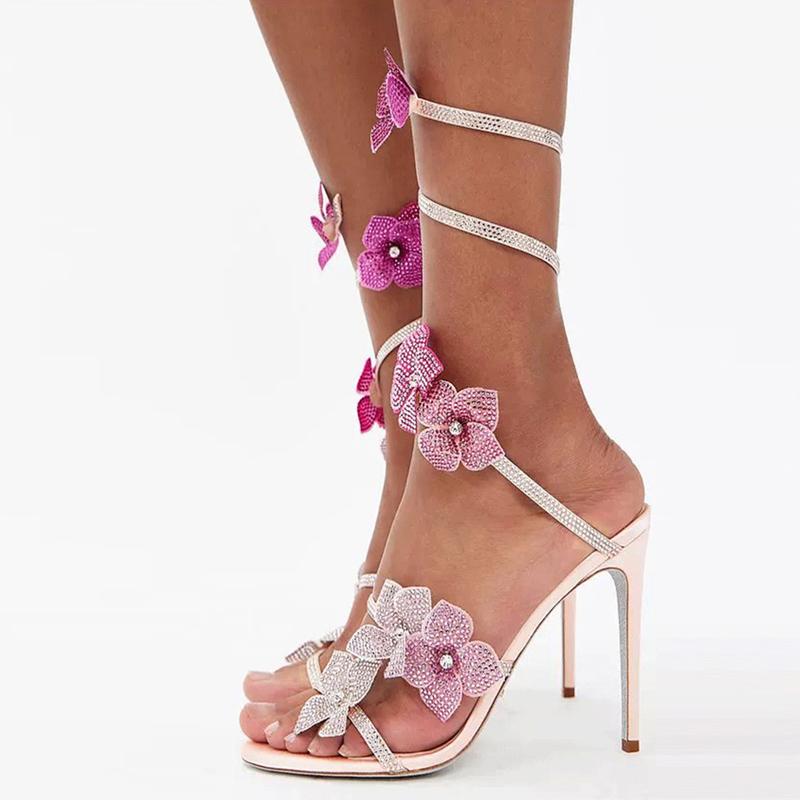Liyke Elegant Women Party Wedding Prom Shoes Fashion Crystal Rhinestone Flowers Ankle Snake Twine Around Strap Sandal High Heels