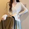Autumn Winter V-neck Solid Irregular Waist Sweater Women Long Sleeve All-match Bottomed Pullover Knitting Top
