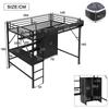 Iron Bed, Loft Bed, Double-Layer Storage Under the Desk, Upper Bed with Storage, With Wardrobe, Iron + MDF, Black, 140x200cm
