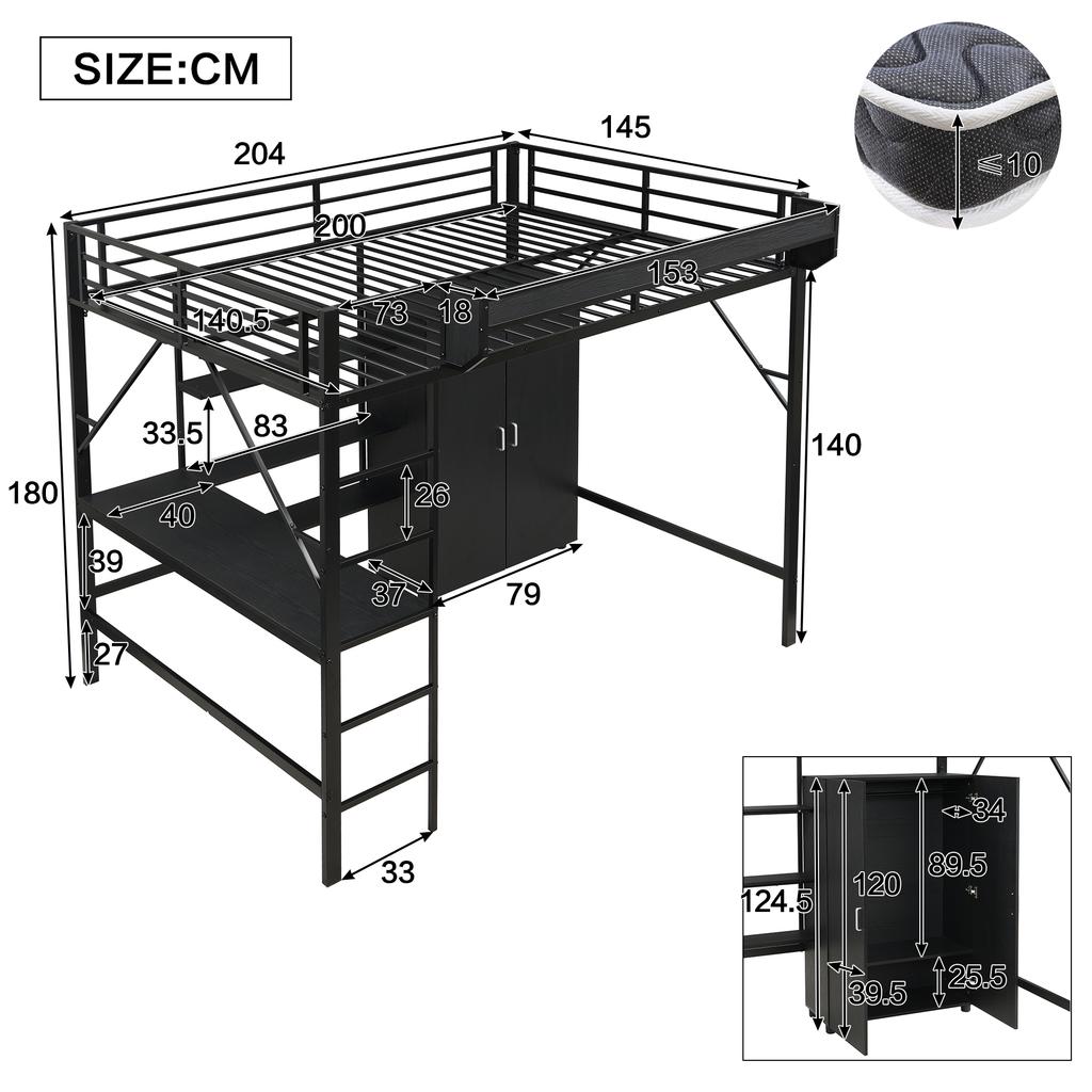 Iron Bed, Loft Bed, Double-Layer Storage Under the Desk, Upper Bed with Storage, With Wardrobe, Iron + MDF, Black, 140x200cm