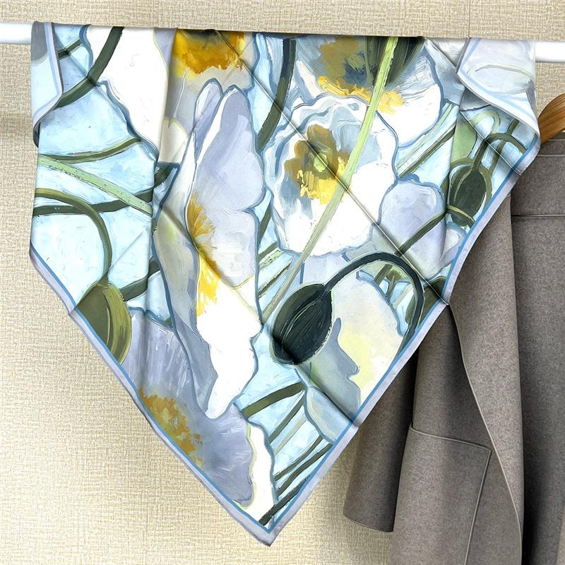 88*88cm 100% Mulberry Silk Retro Floral Garden Oil Painting Pattern Square Scarf Thin Sunblock Beach Towel Shawl Neckerchief