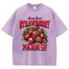 Хлопковые женские футболки с кислотной стиркой, футболки с ретро-принтами Strawberry Farm, удобные топы оверсайз с круглым вырезом, модная одежда