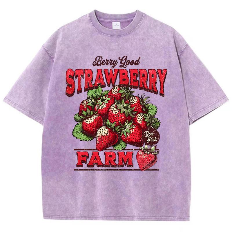 Cotton Womans Acid Wash TShirts Strawberry Farm Retro Prints Tees Comfortable Crewneck Oversized Tops Fashion Female Clothes
