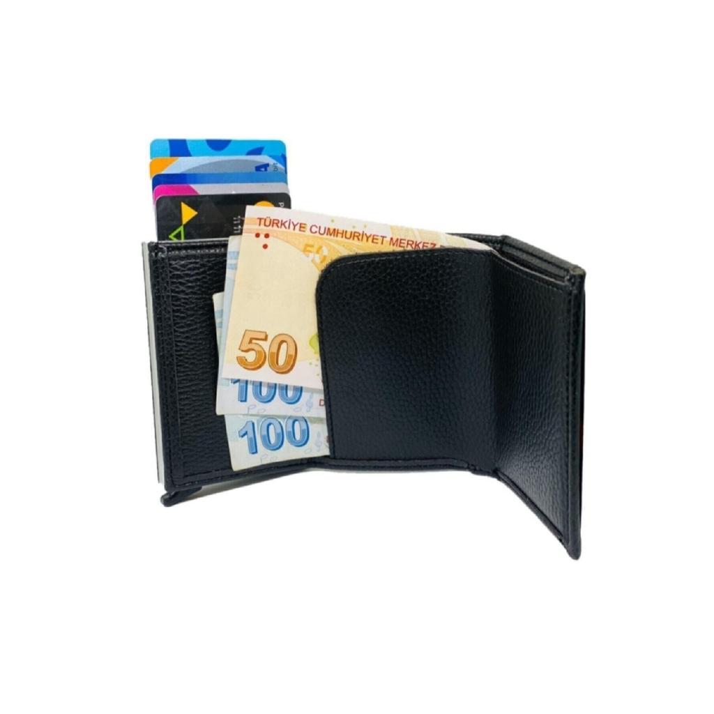 Магнитный кожаный черный мужской кошелек с автоматическим механизмом и глазами для денег