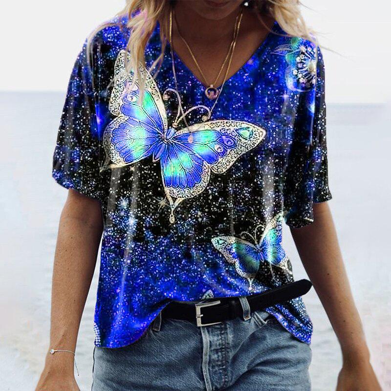3D Butterfly Printed Women's T-shirt, V-neck Casual New Short-sleeved Style