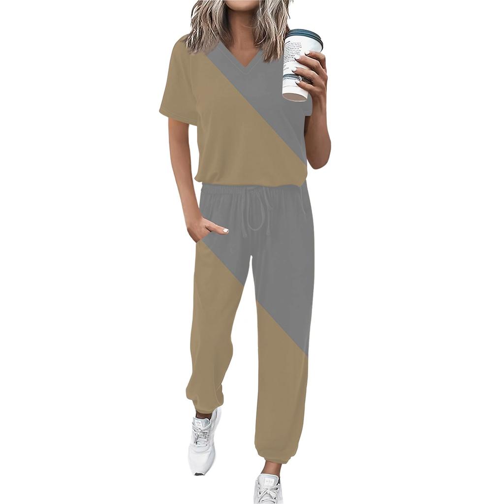 Женский спортивный костюм с V-образным вырезом и коротким рукавом, свободные брюки