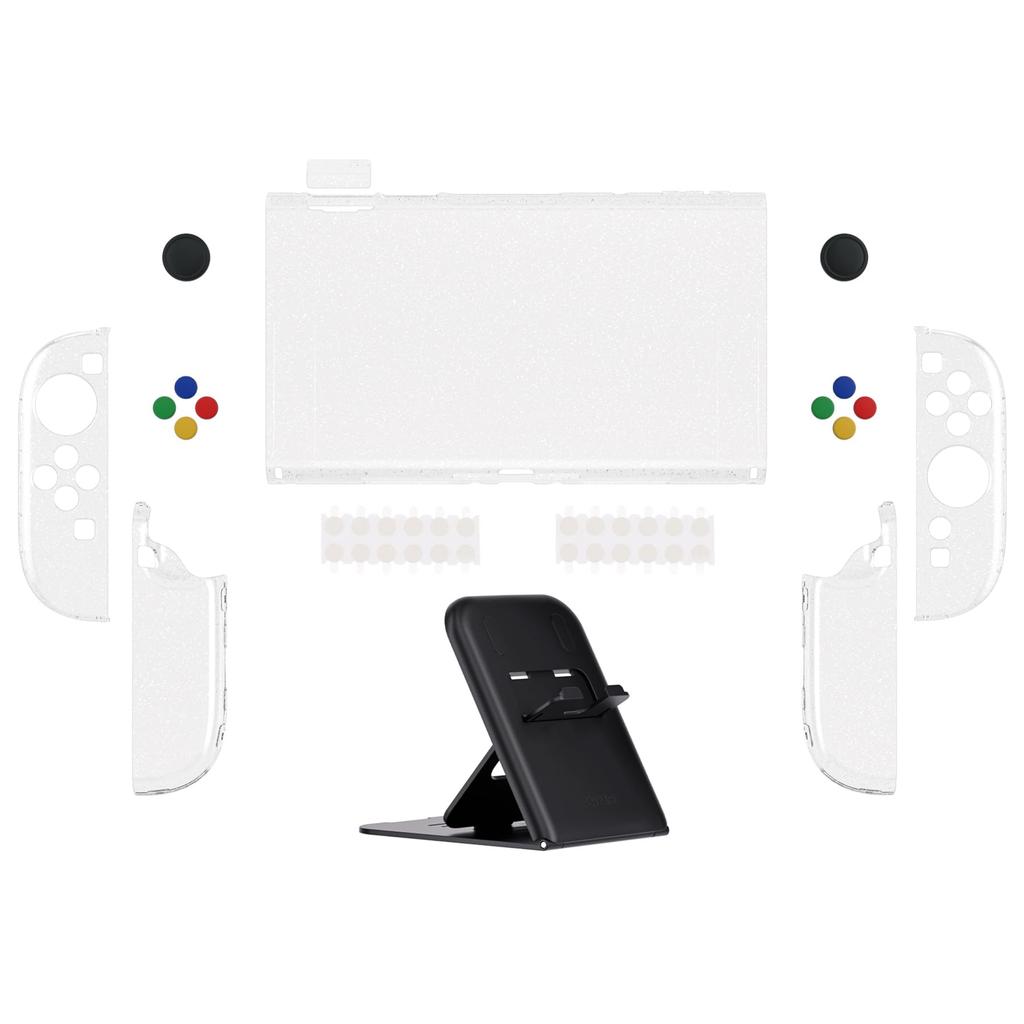 PlayVital Clear Series Clear Hard Shell Case for Switch 2 Dock Protective Cover with Folding Stand and Thumb Grips Glitter (2025), Compatible,