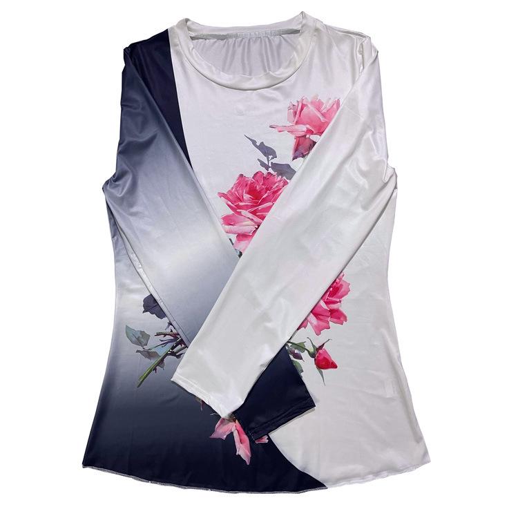 Женская повседневная футболка с цветочным принтом, круглым вырезом и длинными рукавами, на осень 2024 года