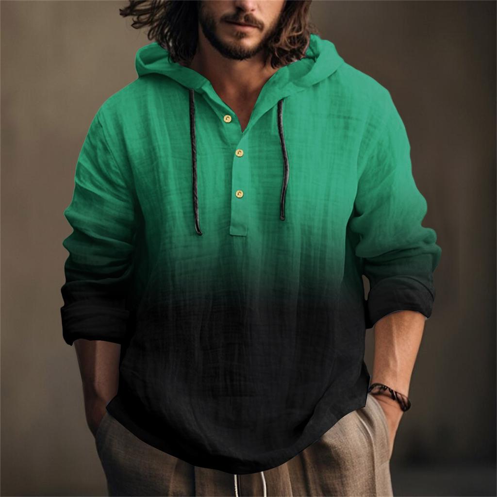 Printed Men's Cotton And Linen Shirt Hooded Long-sleeved Hooded Spring And Summer Casual Daily Wear
