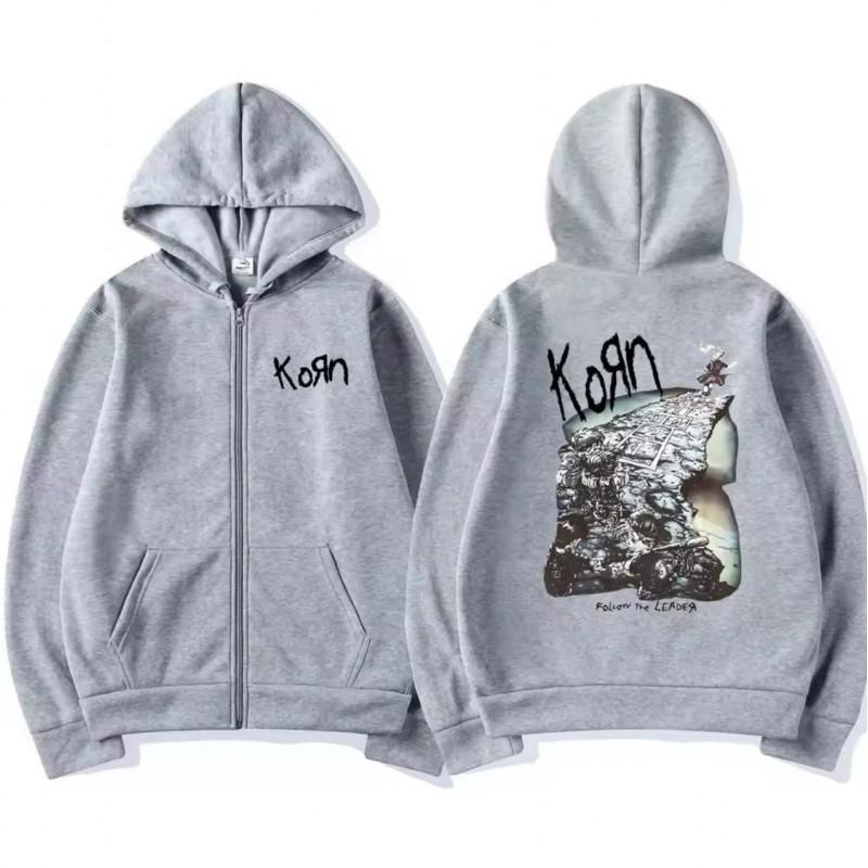 Long Sleeve Unisex Korn Band Graphic Zip Up Hoodie Casual Loose Fit Sweatshirt