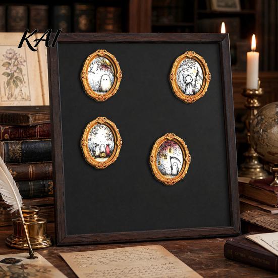 Festive Fridge Magnet Halloween Wooden Frame Refrigerator Magnet, Retro Oval Ghost Illustration Pumpkin Magnetic Decoration for Kitchen Easy Install