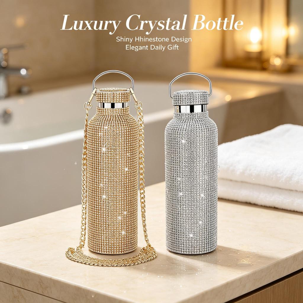 Fashion Shiny Rhinestone Decor Insulated Tumbler With Chain