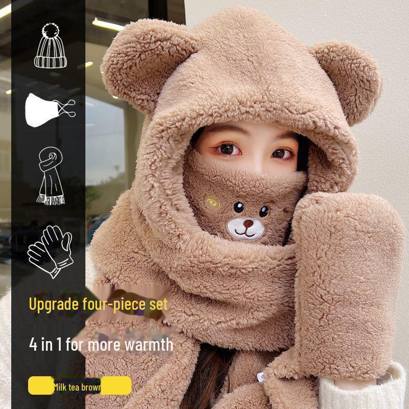 Милый зимний комплект из шапки и шарфа с медведем, маской и наушниками - ветрозащитный и плюшевый