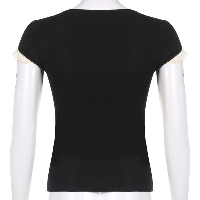 Женская уличная мода стиль зима контрастные цвета сращивание кружева квадратный вырез галстук свежий сладкий топ