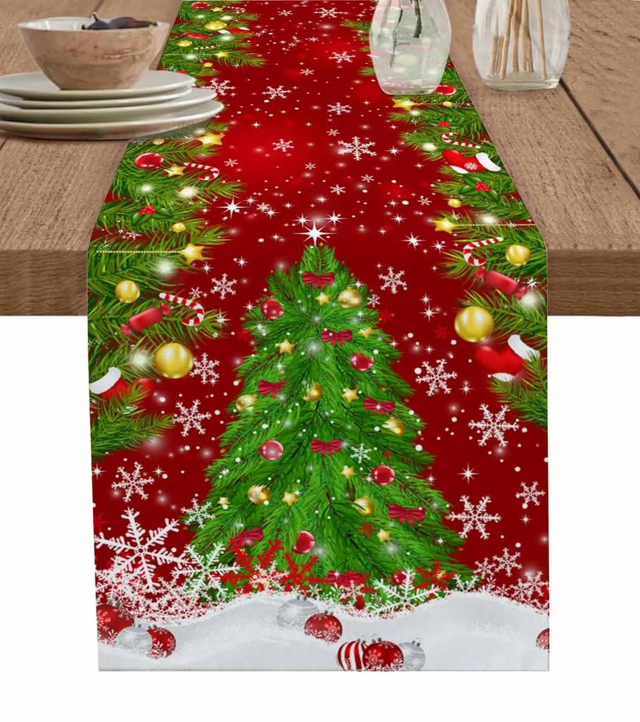 Christmas Silver Fir Leaves Snowflakes Wood Grain Linen Table Runners Kitchen Decoration Table Runner Festival Party Supplies