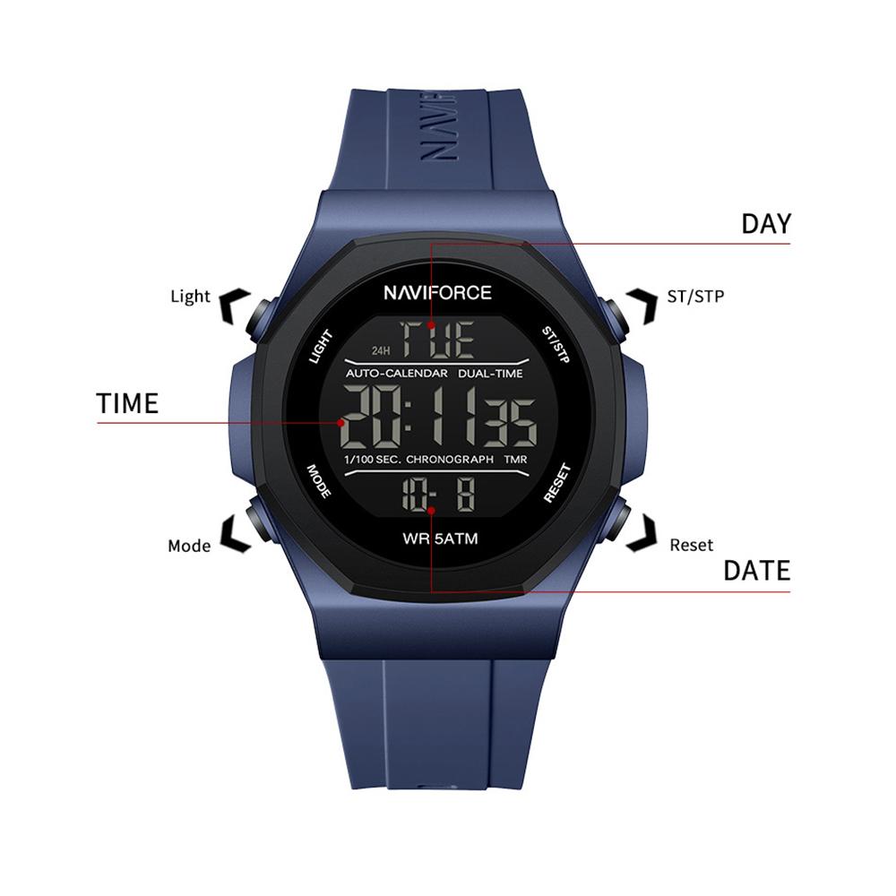 Naviforce Цифровые часы для мужчин мальчика водонепроницаемый силиконовый ремешок ЖК-циферблат светящийся обратный отсчет мальчик мужские спортивные многофункциональные часы NF7117