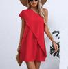 Spring Summer Women Loose Slanted Shoulder Single Sleeve Dresses High Waist Loose Solid Color Sleeveless Mid Length Fake Two Dress S-XL