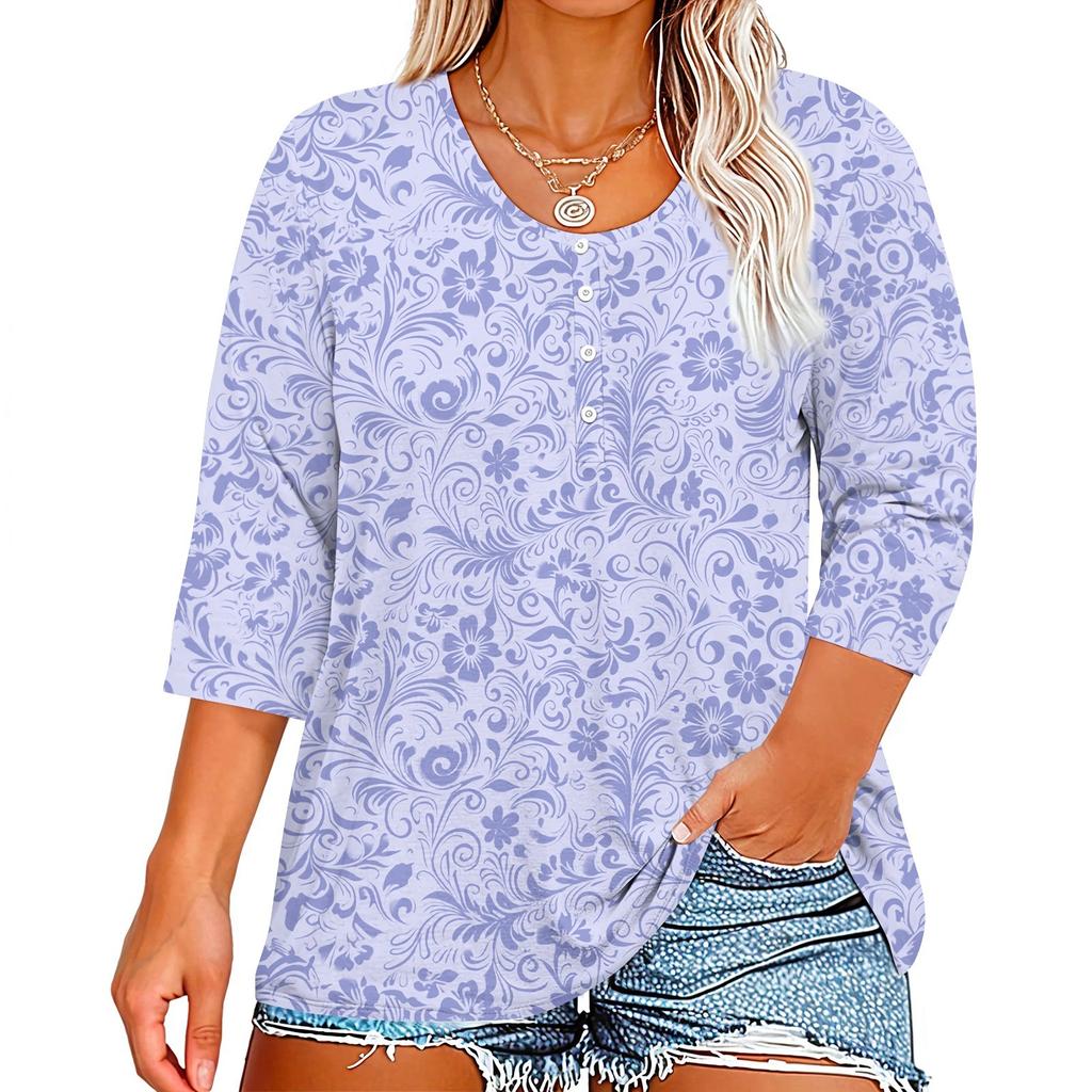 3/4 Sleeve Shirts For Women Print Graphic Tees Button V-neck Blouses Casual Plus Size Basic Tops Pullover