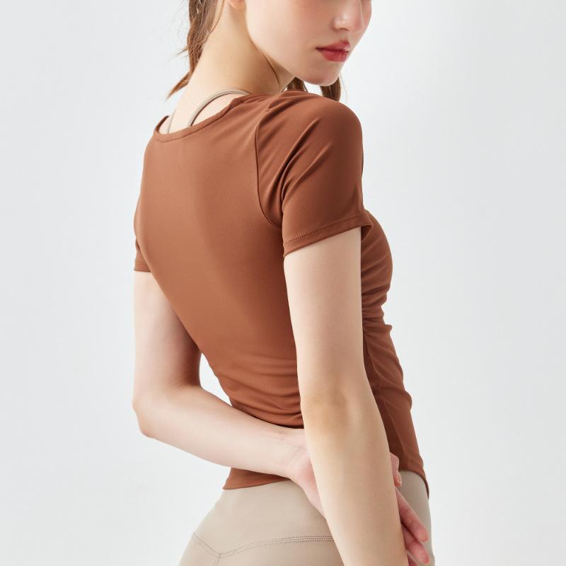 Ningbo restart Lycra bottoming shirt for women's summer wear low-necked short-sleeved running fitness top quick-drying yoga clothes