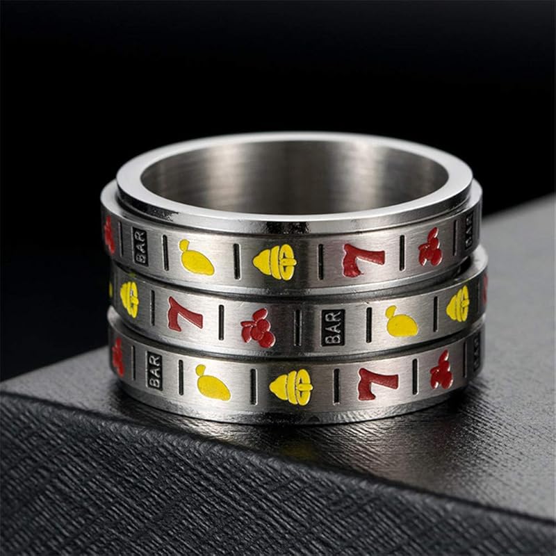 Oakky unisex stainless steel Fruit slot machine pattern fun rotatable lucky ring Creative 3 layers are gambling size 24