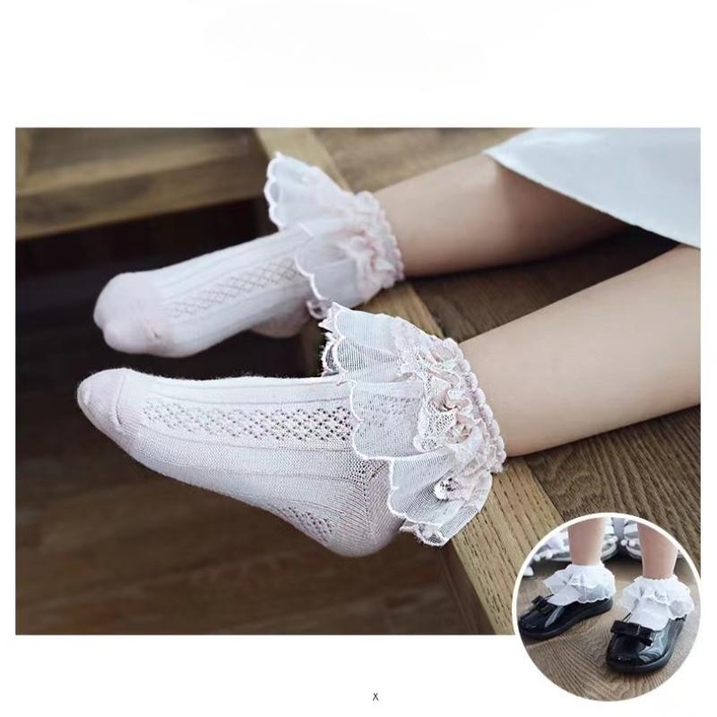 Дышащие хлопковые кружевные сетчатые носки принцессы с рюшами, детские короткие носки до щиколотки, белые, розовые, для маленьких девочек