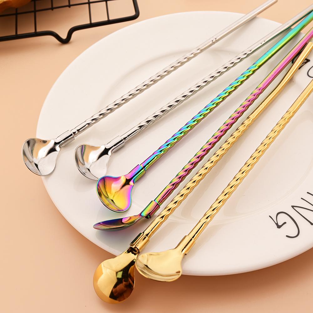 6Pcs Reusable Stainless Steel Spoon Straws, Long Handle Drinking Spoon Straws for Ice Cream Sundaes, Coffee, Cold Drink, Iced Tea