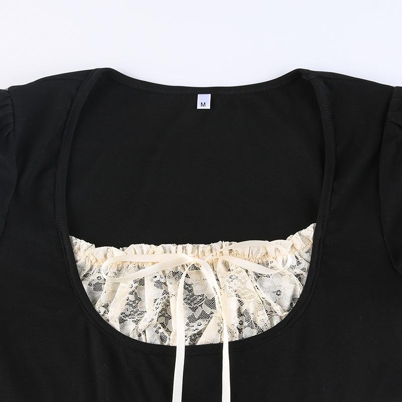Summer Women T-Shirt Lace Square Collar Short Sleeve Bow Decoration Short Tops