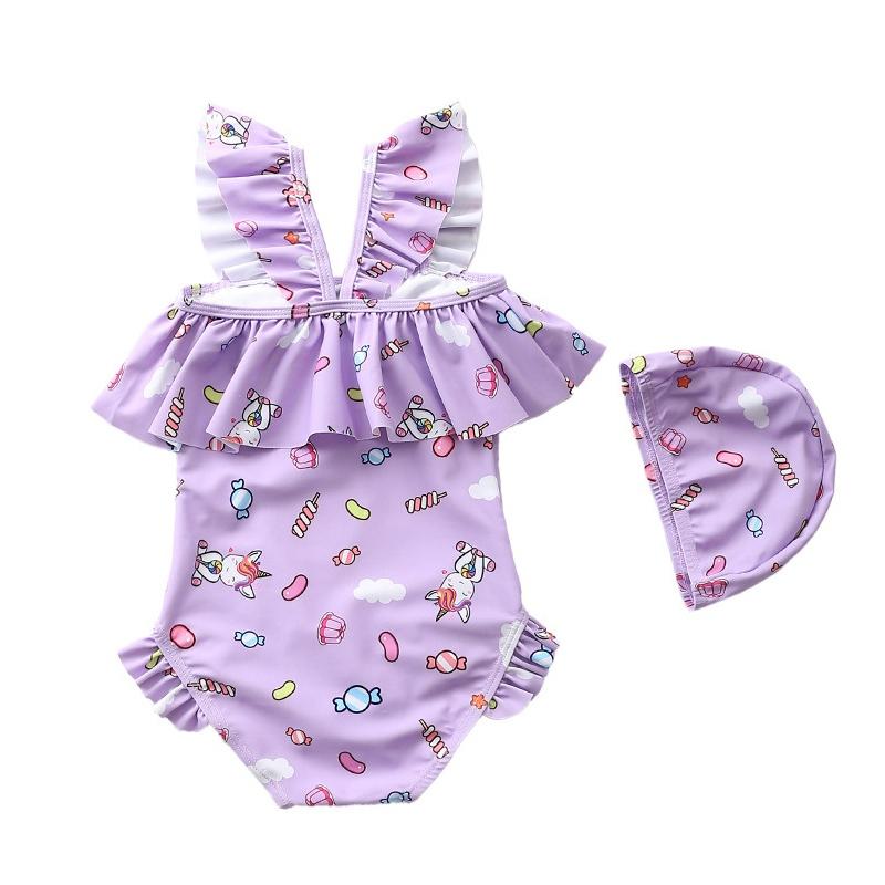 Купальники с рюшами для маленьких девочек Пляжная одежда принцессы с шапочками для плавания