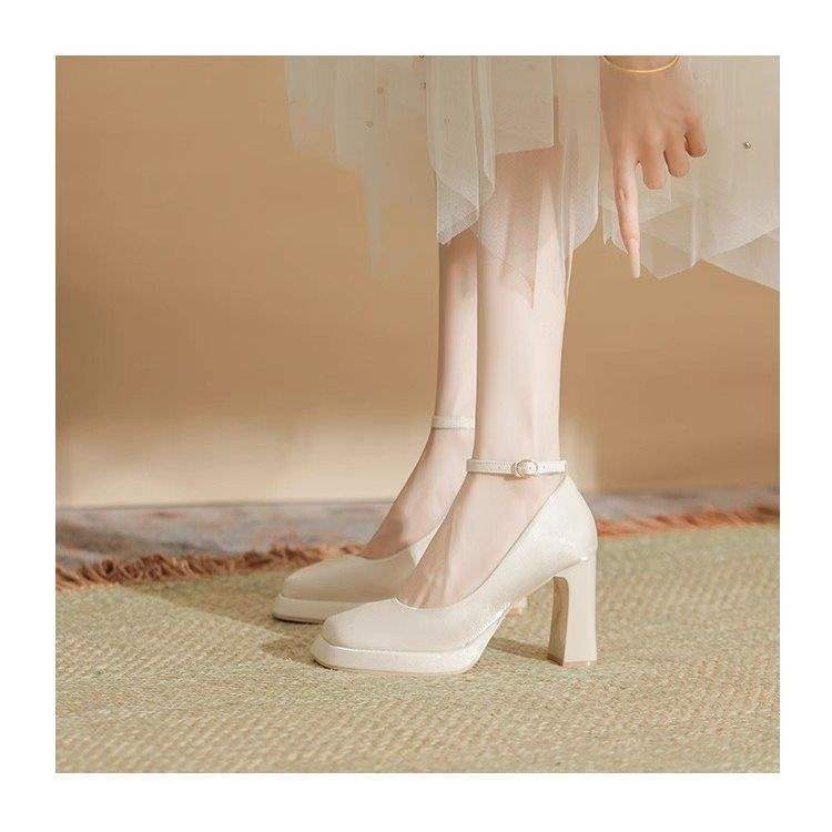 Waterproof table high heels women's thick heel satin Mary Jane wedding shoes Hexiu wedding dress two wear not tired feet button single shoes