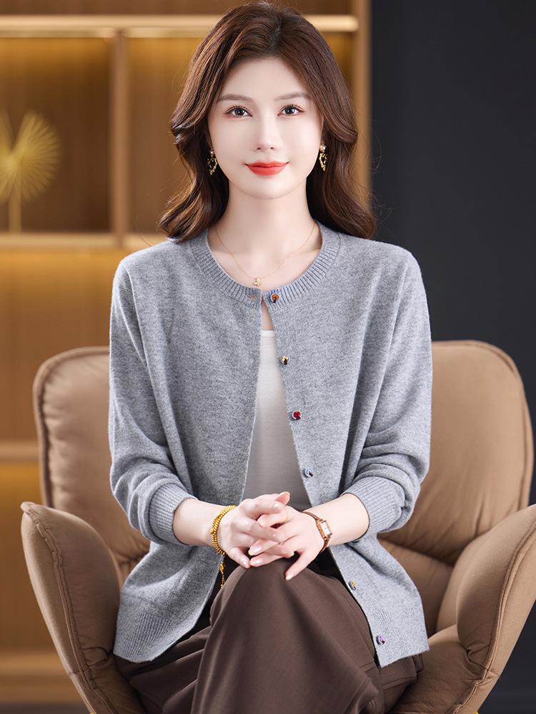 Женский кардиган из 100% чистой шерсти - Новый осенне-зимний свитер с круглым вырезом для мамы
