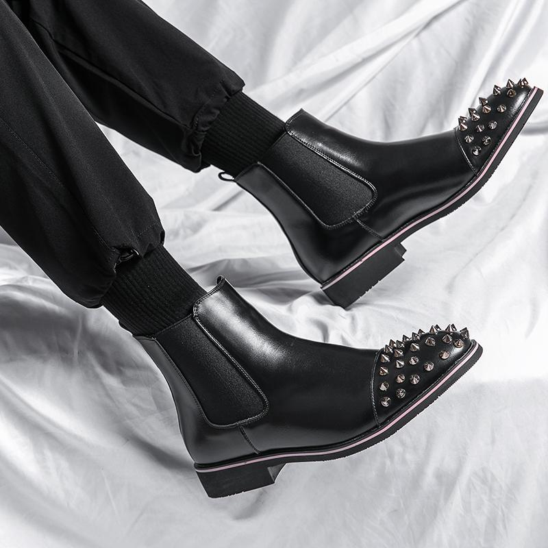 Мужские мотоциклетные ботинки Wingtip Dress Punk Leather Chelsea Boots Rivet Tuxedo Street Style Shoes Plus Size