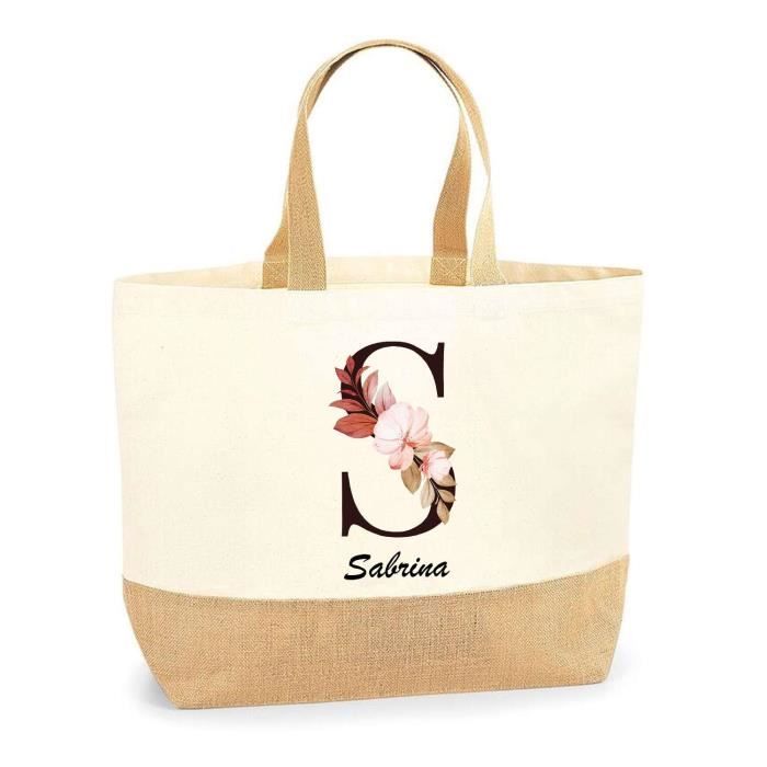 Cabas de plage - PLANETEE - Sabrina - Lettre Fleur - Jute naturel - Multicolore