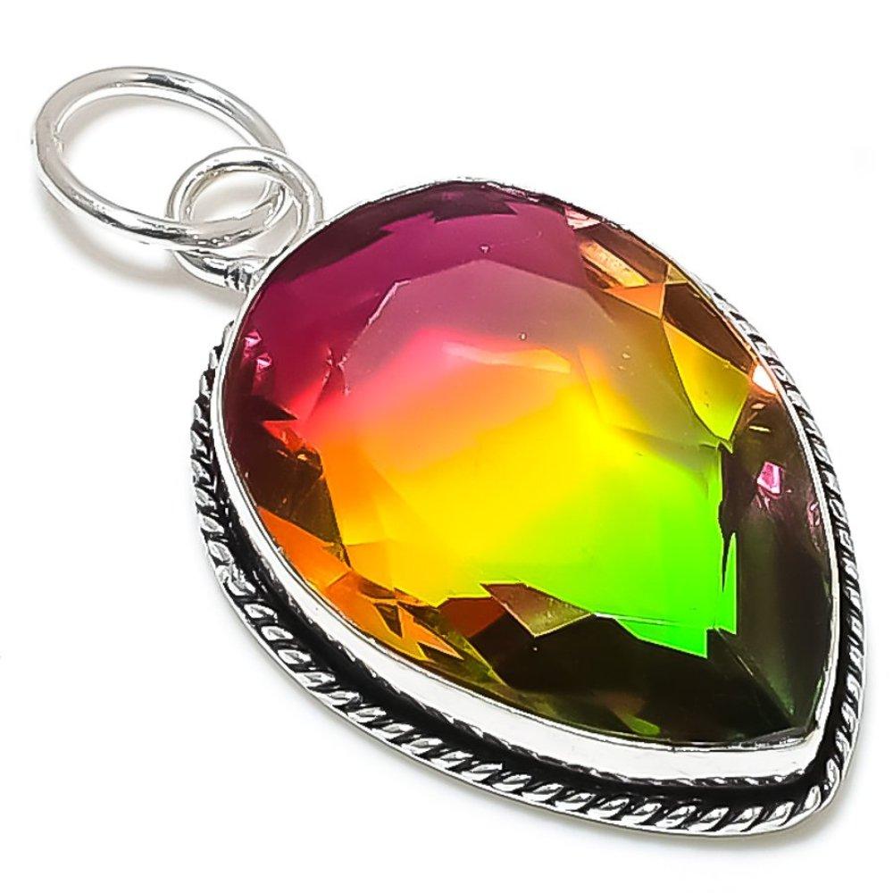 Bi-Color Tourmaline Gemstone Handmade 925 Sterling Silver Pendant 2.21" g5W01