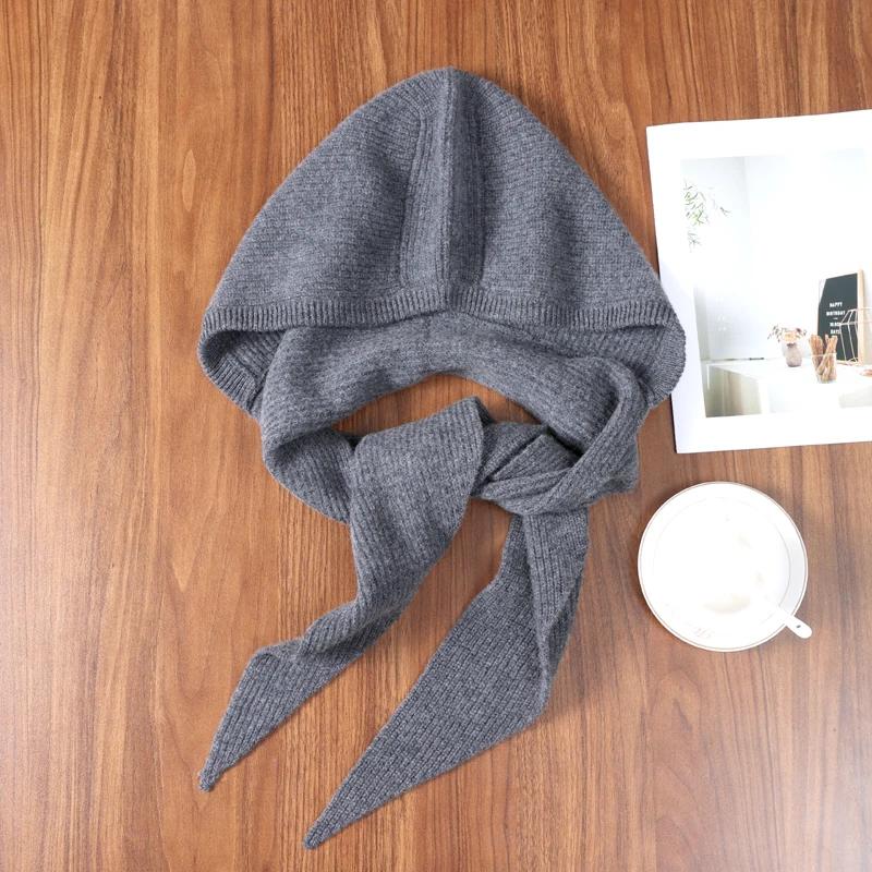 Women's 100% Cashmere Hooded Scarf Windproof Solid Color Knit Soft Shawl Elegant Neck-Protect Fashion Outdoor Winter Accessory