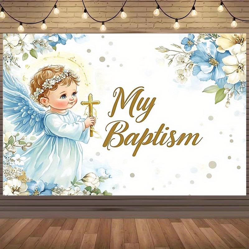 One angel baptism background with a cross and wings - soft blue and white floral design