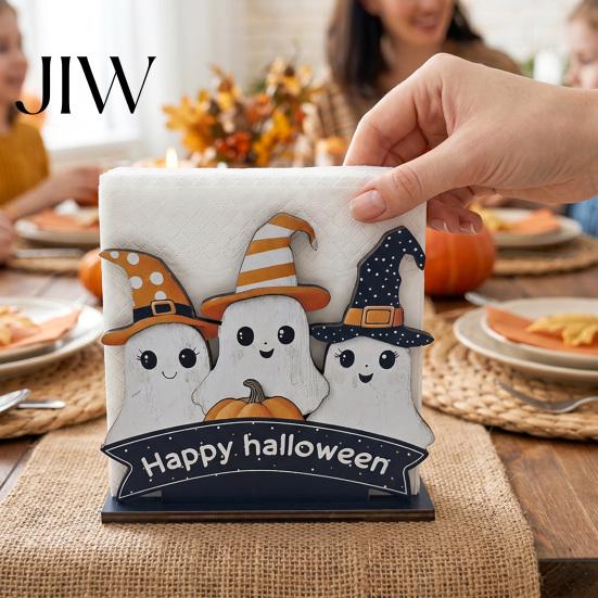 Halloween Napkin Holder Wooden Holder, Ghost Pumpkin Decorative Tabletop Tissue Dispenser, Rustic Kitchen Counter Storage Paper Organizer for Holiday