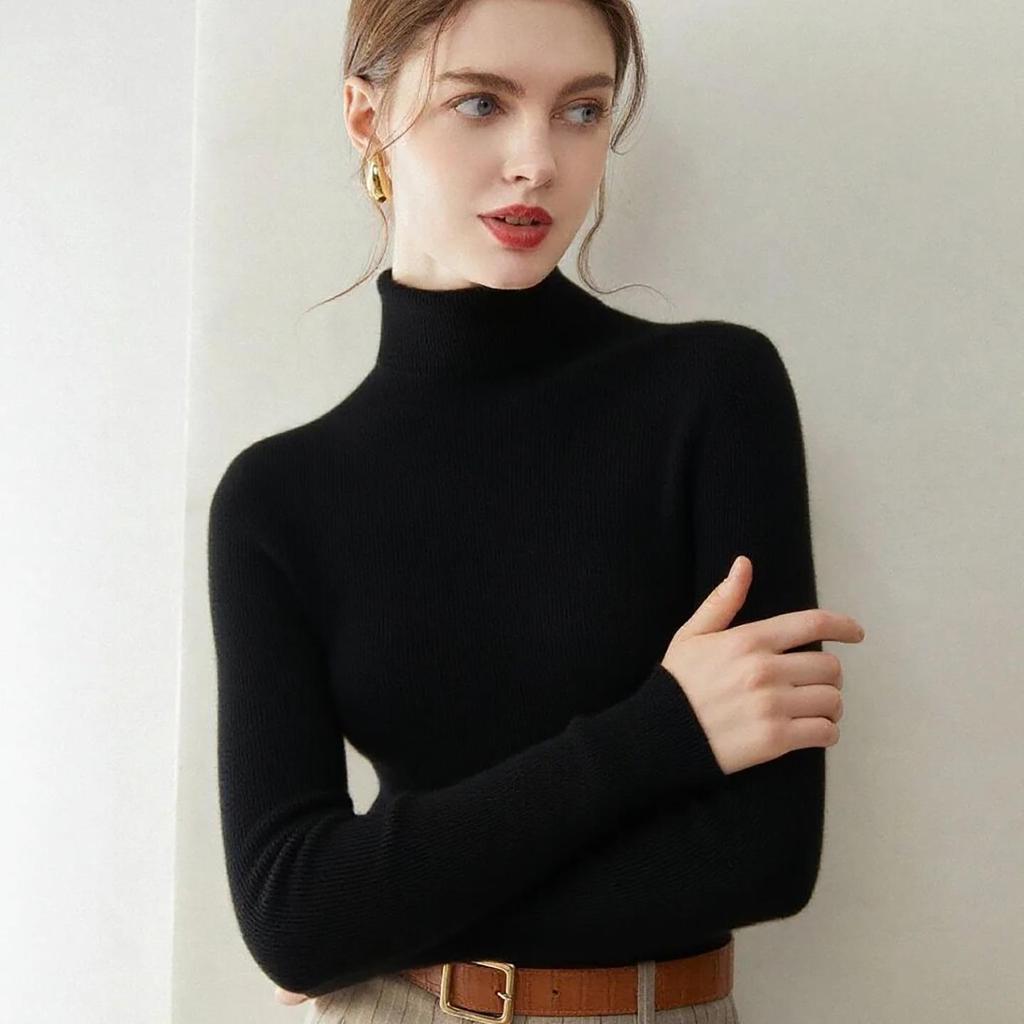 Women's Slim Fit Seamless Turtleneck Sweater - 100% Pure Cashmere, Flattering High Neck Knit Base Layer