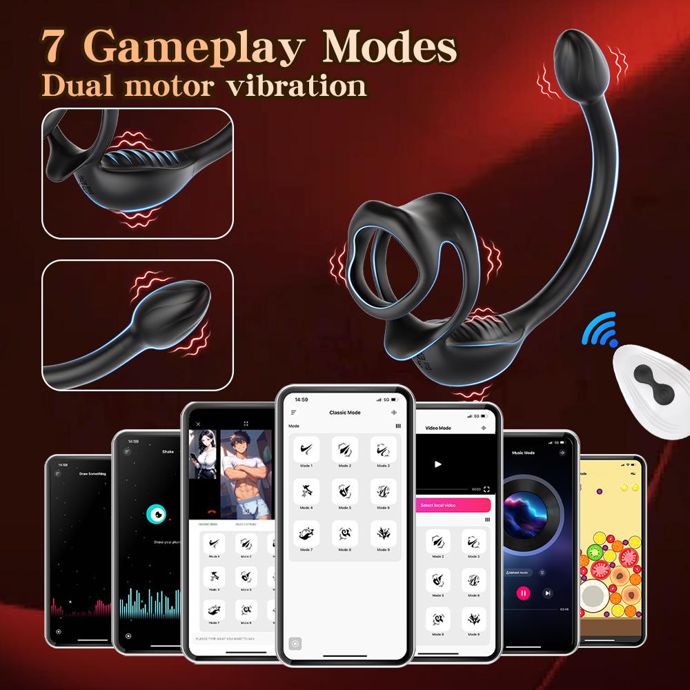 Кольцо на пенис Кольцо на член 3 в 1 Вибрирующий массажер простаты Анальная пробка Задержка эякуляции Стимулятор точки G Пульт управления Приложение Мужские секс-игрушки 18+