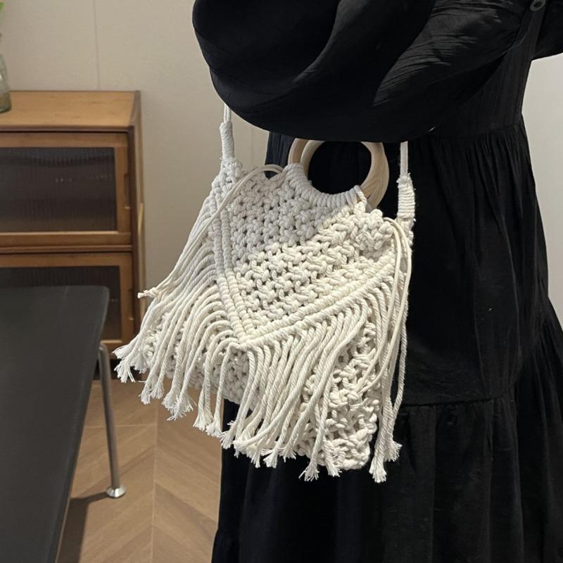 Boho Fringe Woven Bag Summer Fashion Hollowed Out Tote Pastoral Crossbody Shoulder Bag